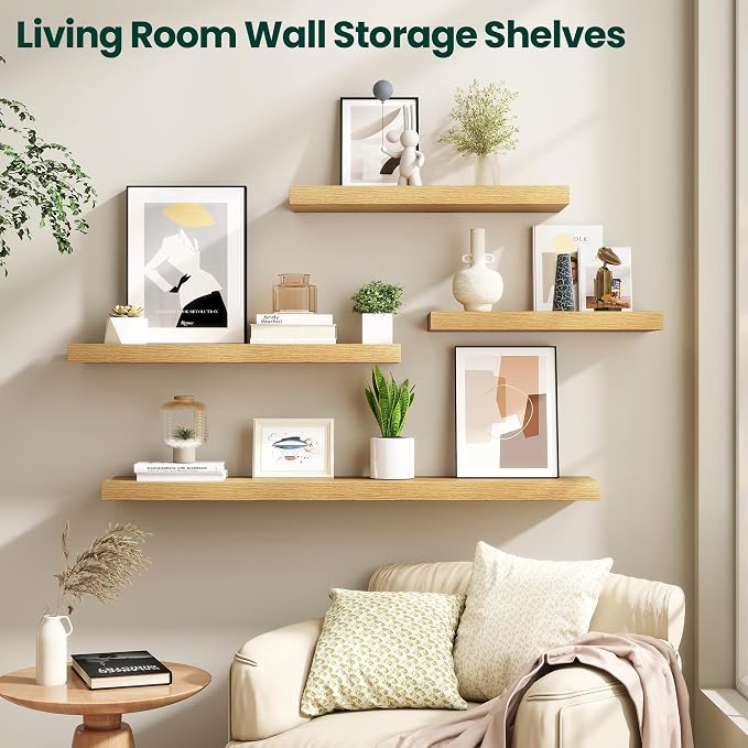 Floating Shelves for Wall 32 in x 9.3 in Deep, Wall Mounted Rustic Wood Shelf with Invisible Brackets for Storage & Display, Living Room Bedroom Bathroom, Oak, 2 Pack