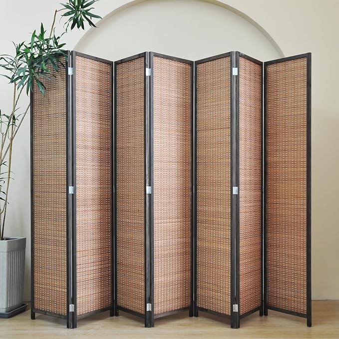 Furnnylane 7 Panel Bamboo Room Divider - 5.6 ft Tall Folding Privacy Screen, Natural Brown Freestanding Partition Wall for Home Office & Room Separation (67" H x 107.5" W)