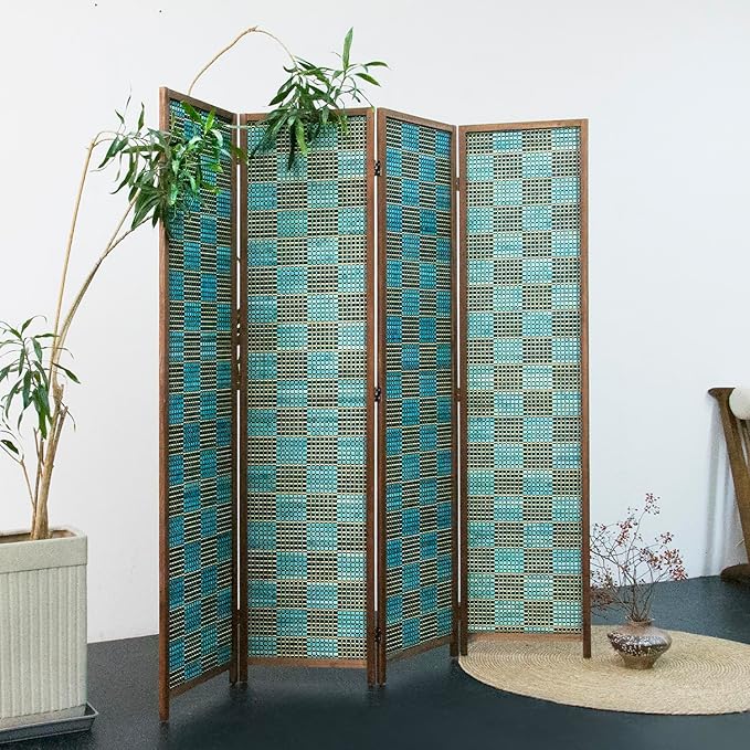 Furnnylane 4 Panel Room Divider Screen and Folding Panel Screen,Double Sided Bamboo Divider for Room Separation,Blue Square,67" H x 63" W