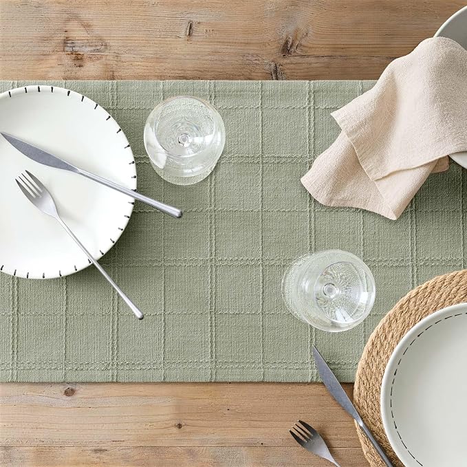 ZeeMart Linen Checked Farmhouse Table Runner, 13x48 Inches Seeding Green | Raised Grid Design, Rich Woven Texture, Linen Blend Table Runners 48 Inches Long, Machine Washable, Boho Home Kitchen Decor