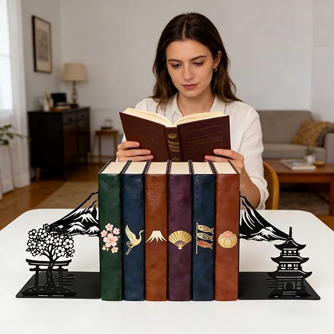 Matte Black Iron Decorative Bookends for Shelves, Fuji Mountain Sakura Design Book Ends Decorative, Book Ends for Heavy Books, Unique Bookends for Home Office Shelves, 7.9 x 1.2 x 5.9 Inches
