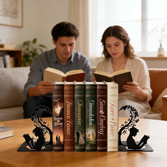 Matte Black Iron Decorative Bookends for Shelves, Couple Reading Tree Design Book Ends Decorative, Book Ends for Heavy Books, Unique Bookends for Home Office Shelves, 7.9 x 1.2 x 5.9 Inches