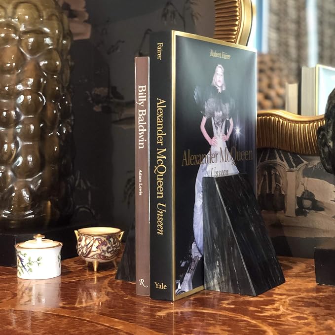 Fox Run 100% Natural Polished Marble Bookends, Black, Set of 2, Triangular Bookends for Heavy Books