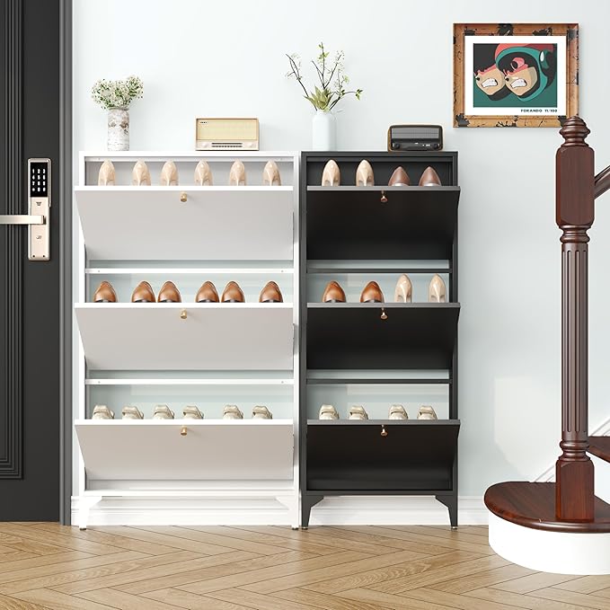Shoe Storage Cabinet with 3 Flip Drawers, Freestanding Hidden Slim Narrow Shoe Rack Cabinet for Entryway, Metal Modern Shoe Cabinets for Foyer, Front Door,Living Room,Hallway, White