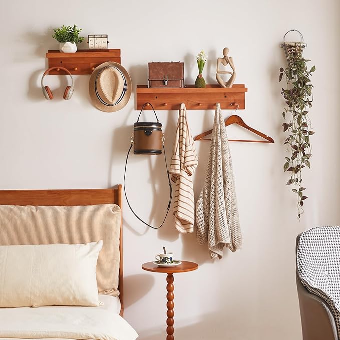 Aibiju Wall Mounted Hook with Shelf,15.75in Entryway Wall Hanging Shelf, Solid Wood Coat Hooks, for Bathroom, Kitchen, Cherry Wood Color YD-WS0240C