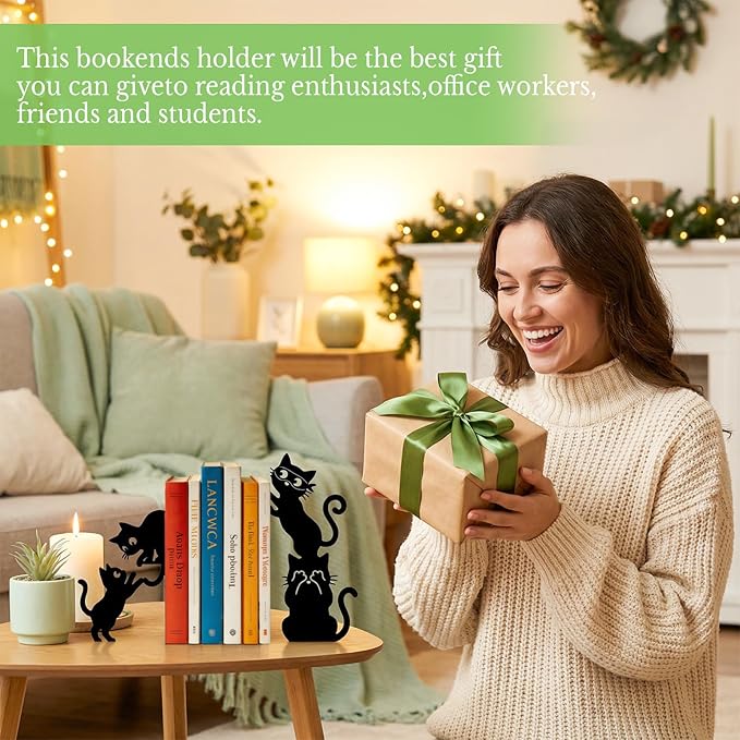 Sanwarm Metal Bookends Cat Black Funny Book Ends Decorative Bookend for Home Office Library Desk Book Shelves Decor, Gift for Reading Enthusiasts Non-Skid Book Stoppers Holder (1 Pair)