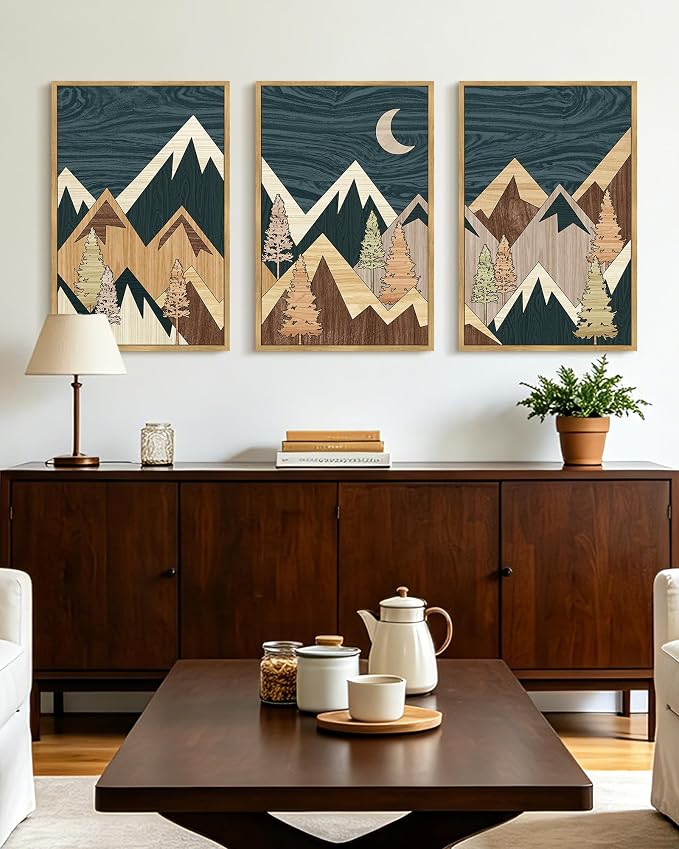 KUVIOKE Woodcut Pine Tree Forest Mountains Framed Wall Art Nature Landscape Prints Morden Farmhouse Bedroom Hallway Ready to Hang 16x24in (Natural Framed)