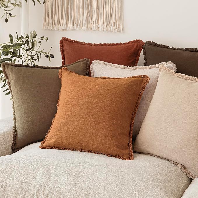 Foindtower Set of 2 Decorative Linen Fringe Throw Pillow Covers Cozy Boho Farmhouse Cushion Cover with Tassels Soft Accent Pillowcase for Couch Sofa Bed Living Room Home Decor, 24×24 Inch, Orange