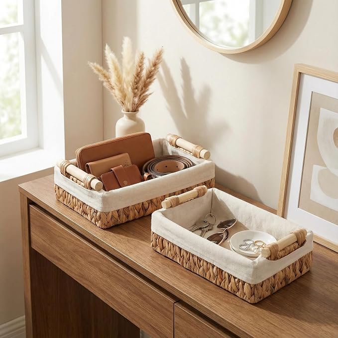 Water Hyacinth Bathroom Baskets for Shelves Set of 2 with Linen Liner & Wooden Handles – Wicker Bathroom Counter Organizer for Vanity, Towels & Toiletries