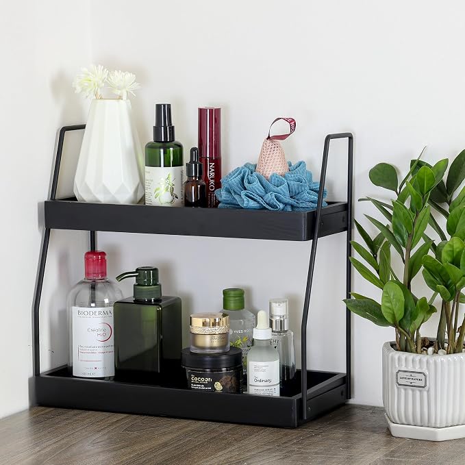 Acacia Bathroom Organizer Countertop 13.6 x 14 x 6.7 inches, 2-Tier Wood Counter Standing Rack, Countertop Storage Shelf for Organizing Bathroom Kitchen Office Desk Vanity Cosmetic Balcony (Black)