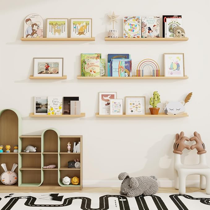 Picture Ledge Shelf, Floating Shelves Set of 2, 36 Inches Solid Wood Nursery Book Shelves for Toys Storage, Kids Bookshelf Wall Mounted for Living Room Decor Books Photo Frames, Unfinished Natural