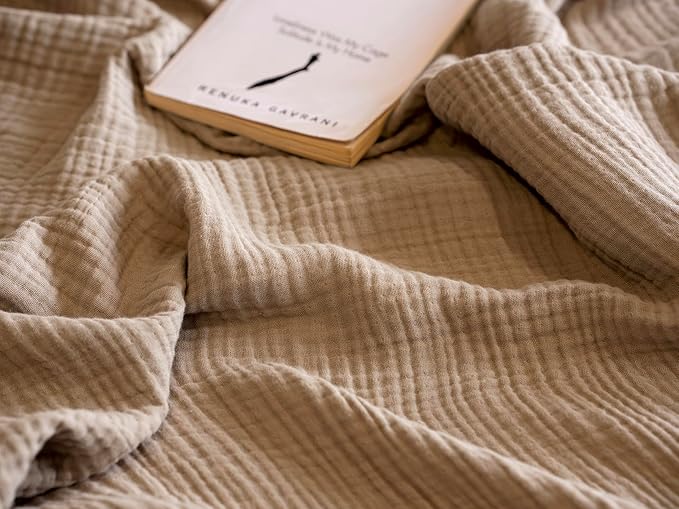 4-Layer Muslin Cotton Bed Blanket Twin Size (66 x 90 inches) – Soft, Breathable, Lightweight All-Season Gauze Blanket, Machine Washable – Tan