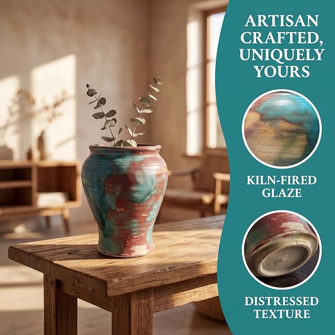 Rustic Ceramic Flower Vase for Home Decor, Handmade Vintage Stoneware Clay Pottery Terracotta Textured for Modern Farmhouse, Living Room, Office Desk Table Shelf 6.7IN (Teal Brown)