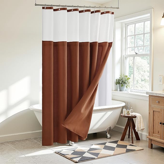 Naturoom Extra Long Linen Shower Curtain 84 Inches Long for Bathroom with Snap in Liner Set Water Repellent Rustic Farmhouse Cloth Double Bath Curtains with See Through Top Terracotta, 72x84