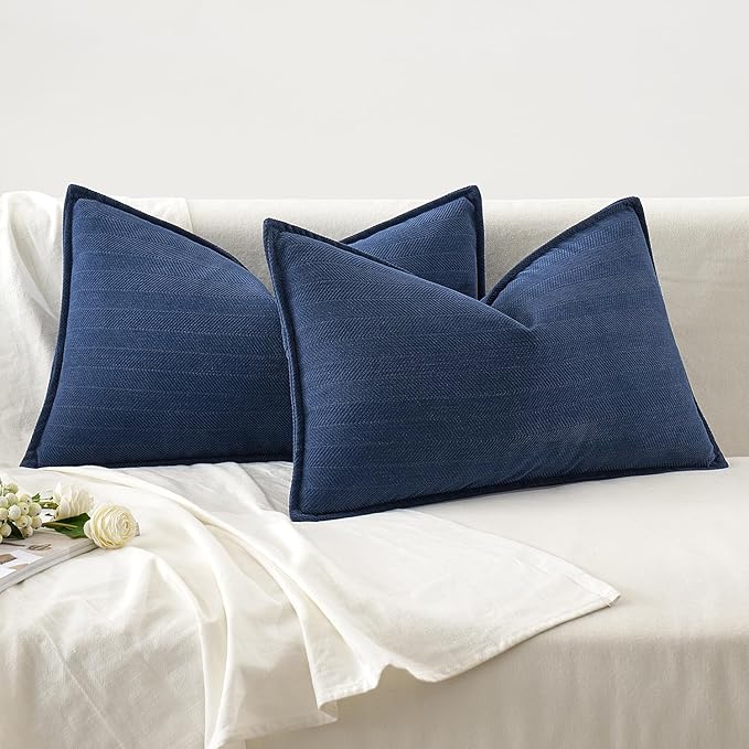 MIULEE Pack of 2 Navy Blue Decorative Lumbar Pillow Covers 12x20 Inch Soft Chenille Luxurious Couch Throw Pillows Farmhouse Cushion Covers with Elegant Design for Sofa Bedroom Living Room Home Decor