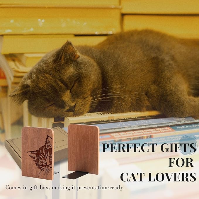 INNObeta Decorative Wooden Book Ends, Animal Bookends, Heavy Duty Bookends for Shelves Unique Design(1 Pair, 4.72x6.69 Inches) - CatPeek