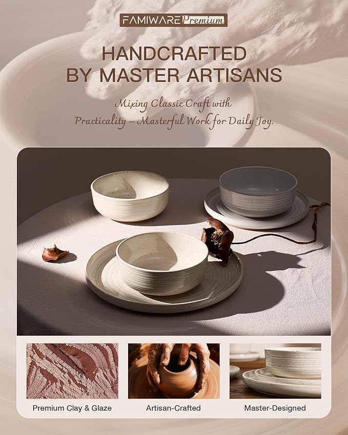12-Piece Stoneware Dinnerware Set for 4, Flared Plates and Bowls with Reactive Glaze, Speckles & Spirals, Chip & Scratch Resistant Dishes, Dishwasher Safe, Modern Rustic, Shell Beige