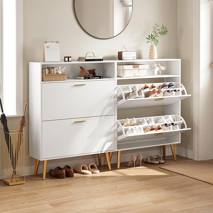 Shoe Cabinet Storage for Entryway, White Shoe Organizer with 2 Flip Drawers & Open Shelf, Freestanding Hidden Large Shoe Storage Cabinet (1pc-White, 2 Flip Drawers with Shelf)
