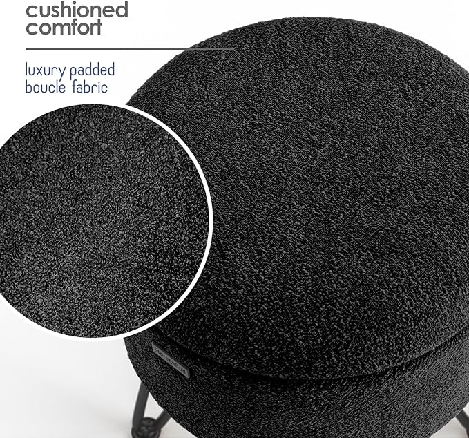Round Ottoman with Storage, Boucle Storage Ottoman, Foot Stool Ottomans, Makeup Vanity Stool, Small Ottomans Foot Rest, Modern Vanity Stools for Living Room and Bedroom, Black