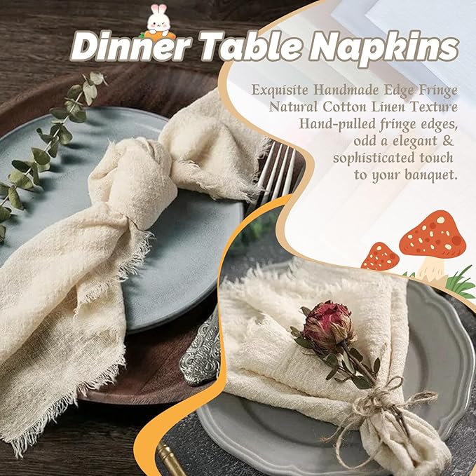 Showgeous 10 Pack Natural Cloth Napkins with Fringe 16x16 inch 100% Cotton Napkins Handmade Dinner Napkins Bulk Washable Soft Rustic Table Napkins for Wedding Parties Bridal Baby Shower