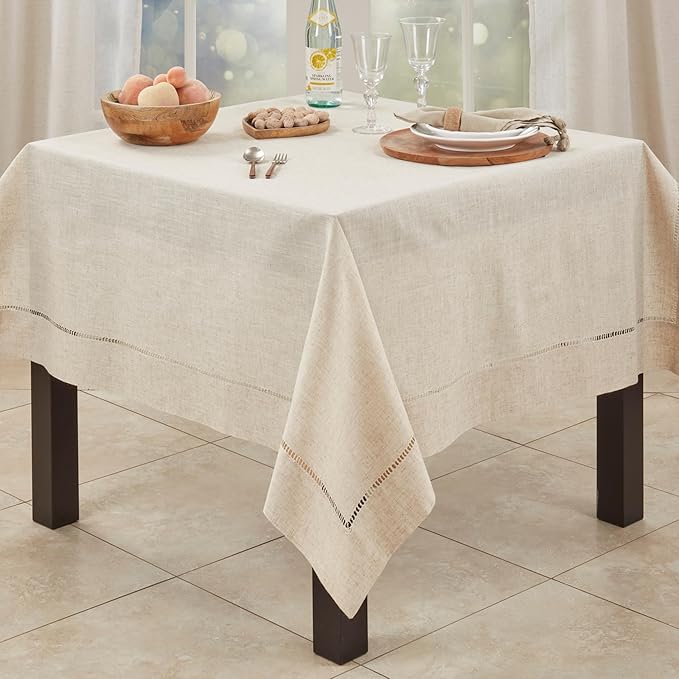 SARO LIFESTYLE Poly and Linen Blend Toscana Tablecloth with Hemstitch Border, Natural, 60"