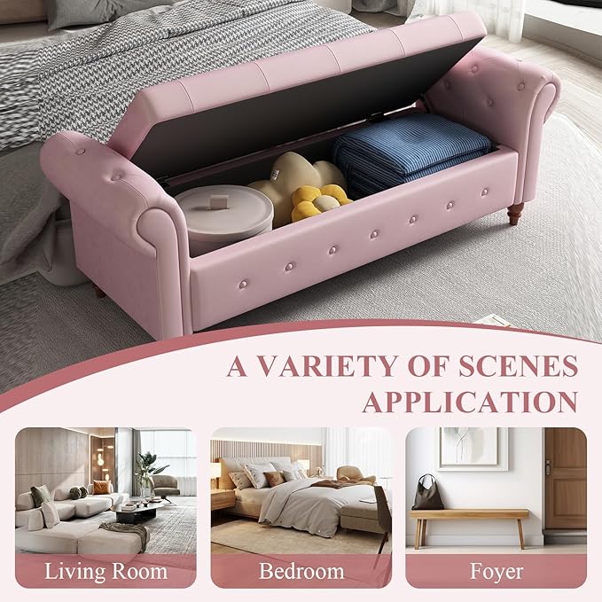 Modern 63'' Storage Ottoman Bench, Velvet Upholstered End Bed Bench with Curved Armrest, Button Tufted Entryway Bench with Wood Legs, Bed Bench for Bedroom, Living Room, Hallway (Pink)