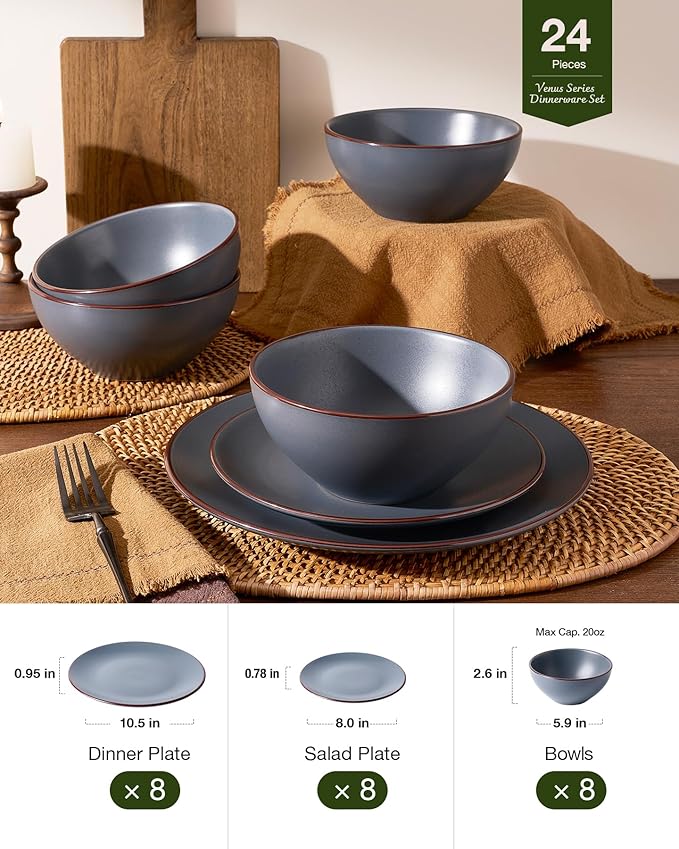 Famiware Venus Plates and Bowls Sets, 24 Pieces Stoneware Speckled Dishes Dinnerware Set for 8, Matte Charcoal - Microwave & Dishwasher Safe, Modern Minimalist, for Everyday Meals & Formal Dining