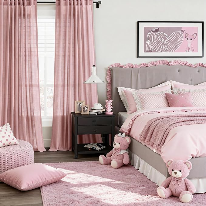 Joywell Pink Linen Curtains 84 Inches Length Light Filtering Cute Pink Bailey Blush Rod Pocket Back Tab Hook Belt Clip Rings Semi Sheer Window Drapes for Girls Bedroom Nursery 2 Panels 52x84