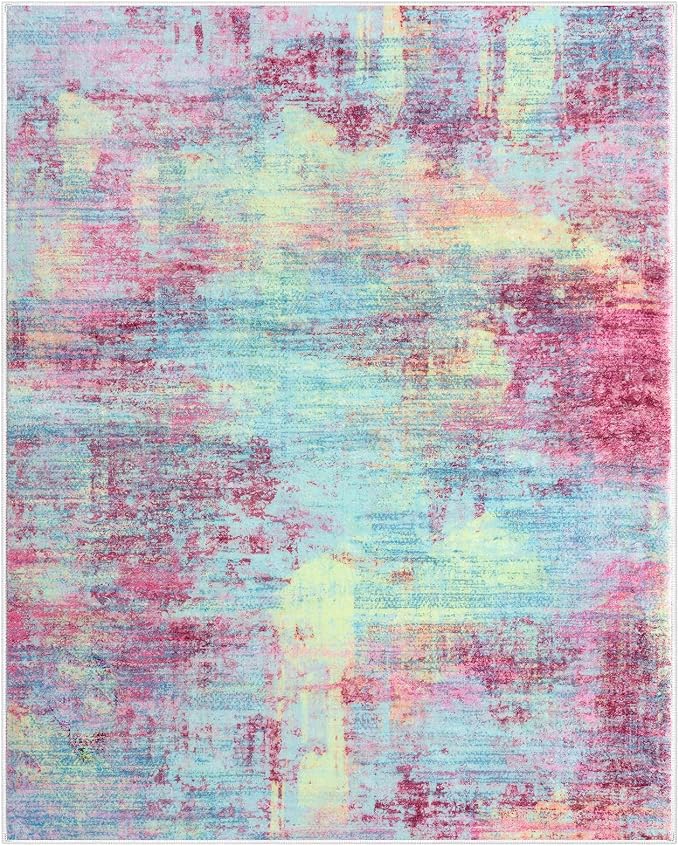 IOHOUZE Abstract Area Rug 4x5 Ft Washable Rugs for Entryway Indoor, Non Slip Small Living Room Rugs Printed Faux Wool Throw Rug, Floor Carpet for Kitchen Nursery Playroom, Pink Teal