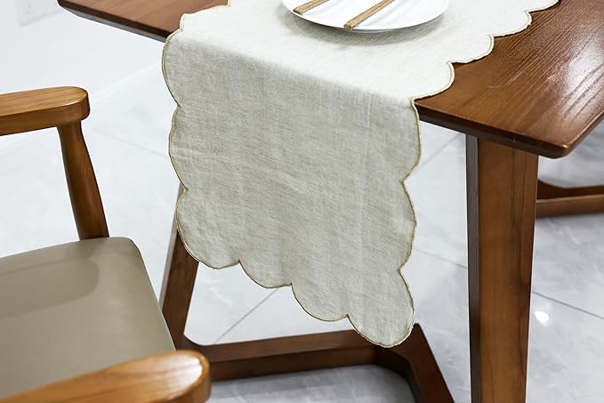 100% Natural Linen Rustic Scalloped Embroidery Table Runner 90 Inches Long, Linen Table Runner 14 x 90 Inch for Dresser and Dining Tables Decor, 6-8 Sets, 14''x90'' Linen(Edges-Gold)