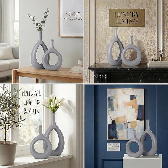 Gray Ceramic Hollow Elliptical Vase Set of 2 - Boho Circle Vase with Hole, for Modern Grey Table Decor, Living Room Decor Shelf mid Century Modern Home Entrance Decorative vase