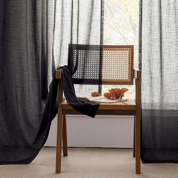 ANRODUO Black Semi Sheer Linen Curatins 84 inches Long Back Tab Light Filtering Flax Linen Textured Curtains Modern Farmhouse Coastal Decor for Bedroom Living Room 84 inch Length 2 Panels Set
