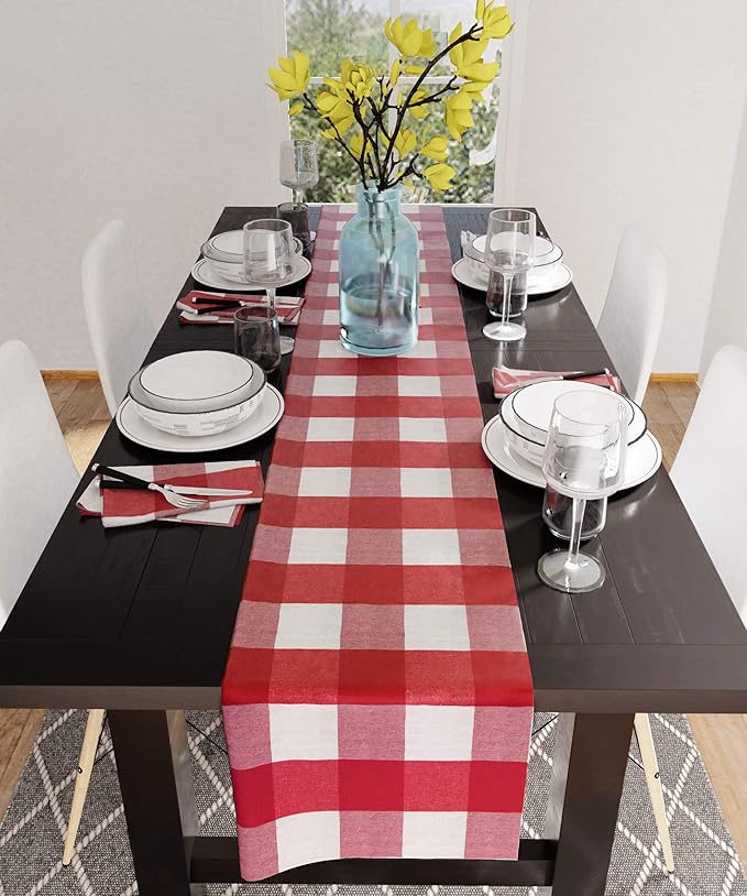 Encasa XO Cotton Cloth Napkins Set of 6, 17"x17" | Washable & Reusable Dinner Napkins Buffalo Red Checks Table Napkins for Farmhouse, Wedding, Holiday, Party & Everyday Dining