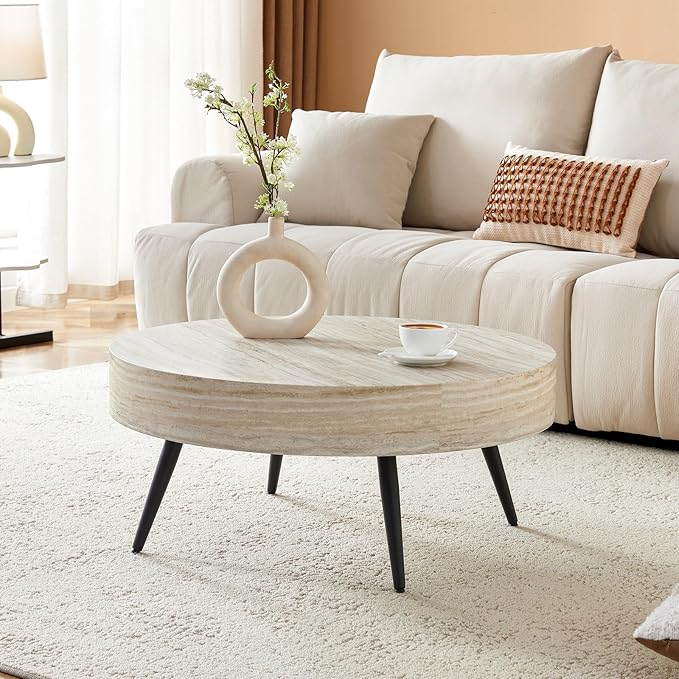 Round Coffee Table, Small Wood Stone Coffee Table with Storage, Modern Mid Century Circle Tables Accent Center Tables for Living Room Apartment Small Space (31.5''D-Stone Travertine Pattern)