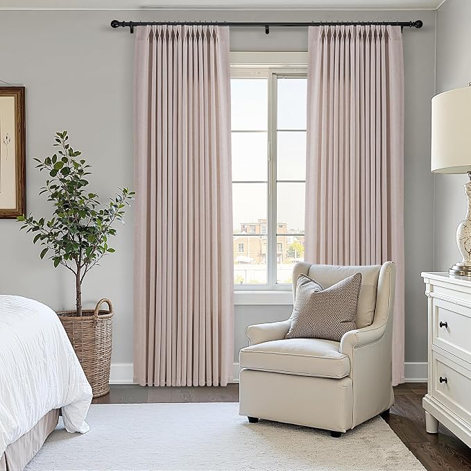 Aersas Natural White Pinch Pleated Linen Curtains 112 Inches Long for Living Room Bedroom Light Filtering Neutral Farmhouse Curtain 112 Length Hooks Rings Back Tab for Sliding Door 2 Panels