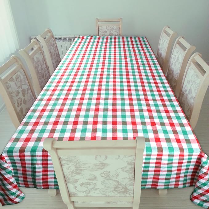Urban Villa Tablecloth Christmas Tabletop Cover Kitchen Dining Tablecloth 100% Cotton Holiday Celebrations Wedding Dinner Parties Red/Green/White Color Rectangle 60X84 Inches 6-8 Seats Table Cloth