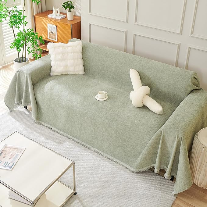 DREAMINGO Sofa Covers Washable Thick Chenille Couch Cover for 2 Cushion Couch Sofa Multi-Use Couch Cover Blanket Modern Pet Furniture Protector Sectional Couch Slipcover 91"x118", Sage Green