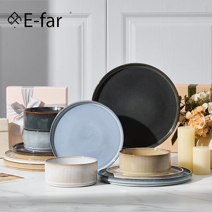 E-far 12-Piece Plates and Bowls Sets, Stoneware Dinnerware Dishes Sets for 4, Kitchen Modern Dining Dishware, Chip & Scratch Resistant, Microwave & Dishwasher Safe, Multicolor