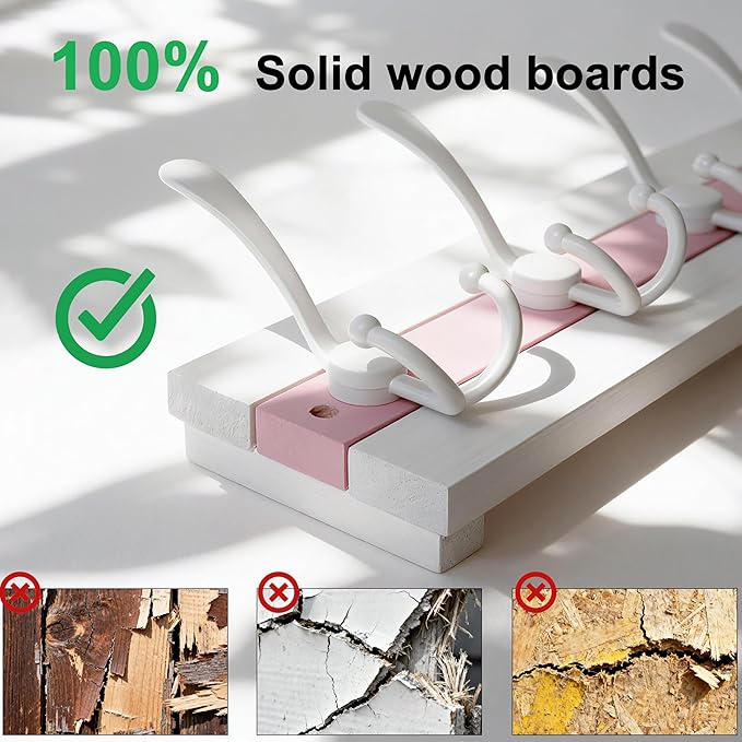 SKOLOO Coastal Coat Rack Wall Mount-38.12" Beach House Entryway Wooden Coat Hook with 10 Hooks for Hanging Coats, Hats or Towels, Oceanfront Cottage Core Collection, White & Palm Beach Pink, Pack of 2