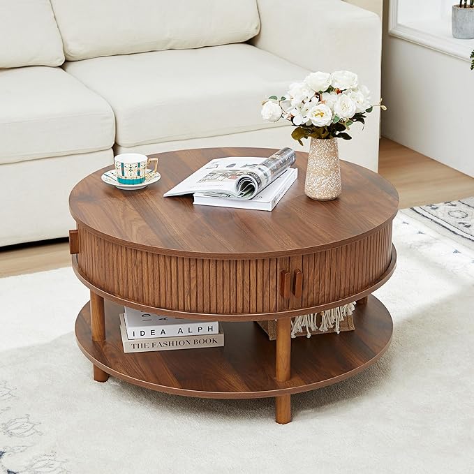 XUZENEST 31.5” Round Coffee Table with Storage, Mid Century Modern 2 Tier Coffee Table with Tambour Sliding Door, Solid Wood Legs Fluted Center Table for Living Room Home Office Small Space, Walnut