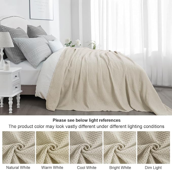 PHF Pre-Washed 100% Cotton Waffle Weave Blanket Queen Size for Bed,Snag Proof Throw Blanket for Couch Spring Summer Lightweight Breathable,Machine Washable, Home Decor Gift - Linen/Stone