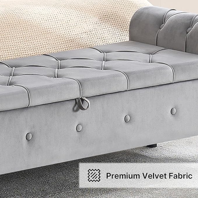 Storage Bench for Bedroom, Velvet 67" End of Bed Bench, King Size Benches with Rolled Arms, Tufted Button Storage Ottoman Bench, Upholstered Bench for Bedroom, Living Room, Entryway, Grey