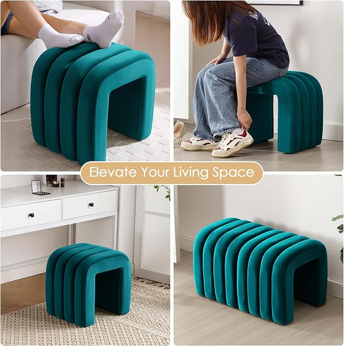 ONEVOG Velvet Pouf Ottoman, Small Ottoman Foot Rest for Couch, 18 Inch Cute Vanity Chairs for Makeup, Living Room Decorative, Sturdy Frame, Upholstered Modern Footrest for Bedroom, Dorm, Teal