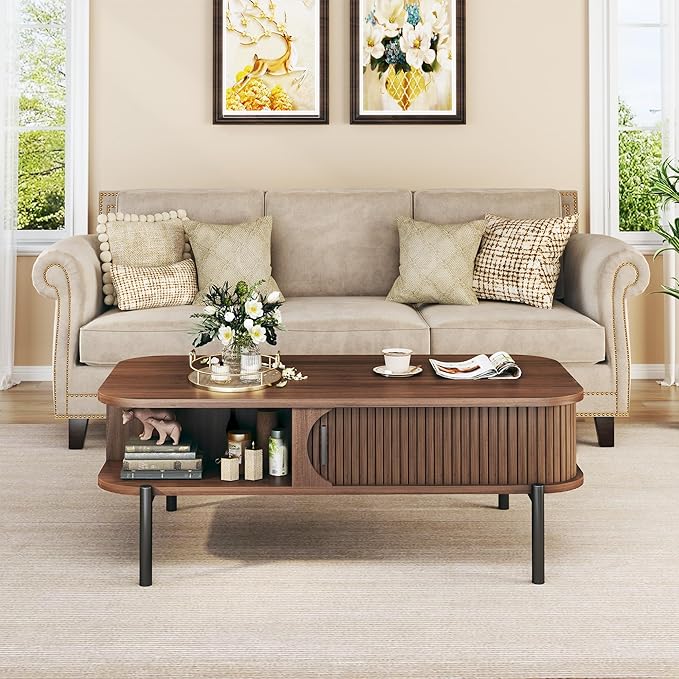 Coffee Table, 39.4" Mid Century Modern Coffee Tables for Living Room, Coffee Table with Storage Open Shelf, Fluted Table with Sliding Cabinet Door, 2-Tier Rustic Wood Desktop, Walnut