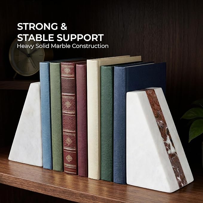 White Marble Bookend 6" - Book Stoppers for Bookshelves - Modern Decorative Marble Bookends for Home and Office, White