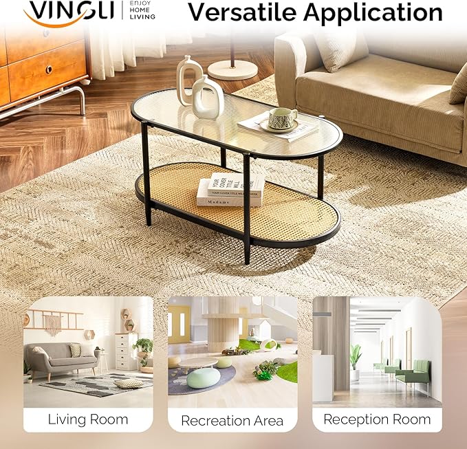 VINGLI 38" Oval Coffee Table with Rattan Shelf, Glass Metal Coffe Table, Skinny Coffee Tables with 2-Tier Storage, Modern Center Table for Living Room, Office, Small Space, Black