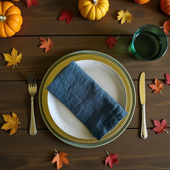Hemstitched Linen Napkins – 20 Inch x 20 Inch – Stonewashed Pure Linen Cloth Dinner Napkins with Mitered Corners - 100% French Flax – Machine Washable - Set of 4 (Soft Teal Blue)