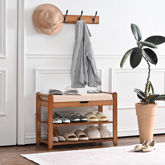 Shoe Storage Bench with Coat Rack, 27.6in Hall Tree Shoe Rack, 3-Tier Bamboo Entryway Bench Holds Up to 330lb for Bedroom Hallyway
