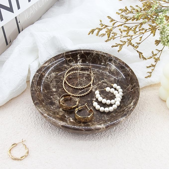 Small Natural Marble Jewelry Tray Key Plate Holder Dish Trinket Decor Catch All Bowl for Ring Earring Stone Gift for Women Daugther,Dark Brown,5.5"