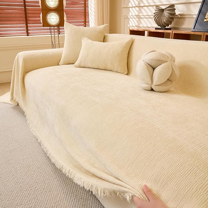 DREAMINGO Chenille Sofa Cover Washable Pet Couch Protector Cover Textured Couch Cover Blanket for Living Room Modern Minimalist 3-Seater Sofa Slipcover, Cream White, XX-Large 71"x150"